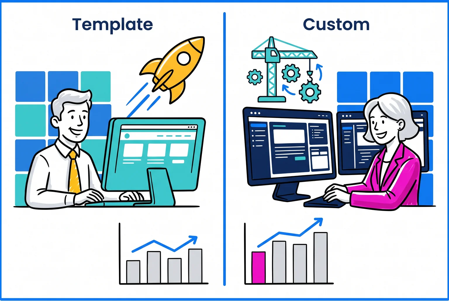 Templates win on speed and predictable cost, while custom builds trade both for longer term flexibility and growth potential. Templates win on speed and predictable cost, while custom builds trade both for longer term flexibility and growth potential.