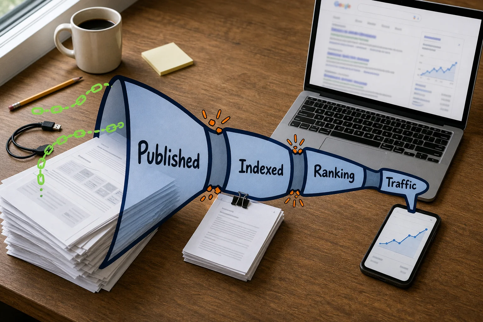 Publication is only the wide end of the funnel, each later SEO milestone has its own filters and failure points. Publication is only the wide end of the funnel, each later SEO milestone has its own filters and failure points.