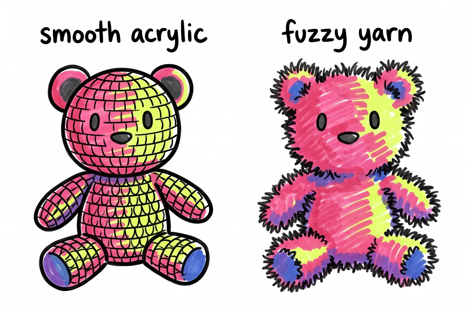 Smooth acrylic keeps every stitch visible, while fuzzy yarn swallows the shape you worked so hard to crochet.