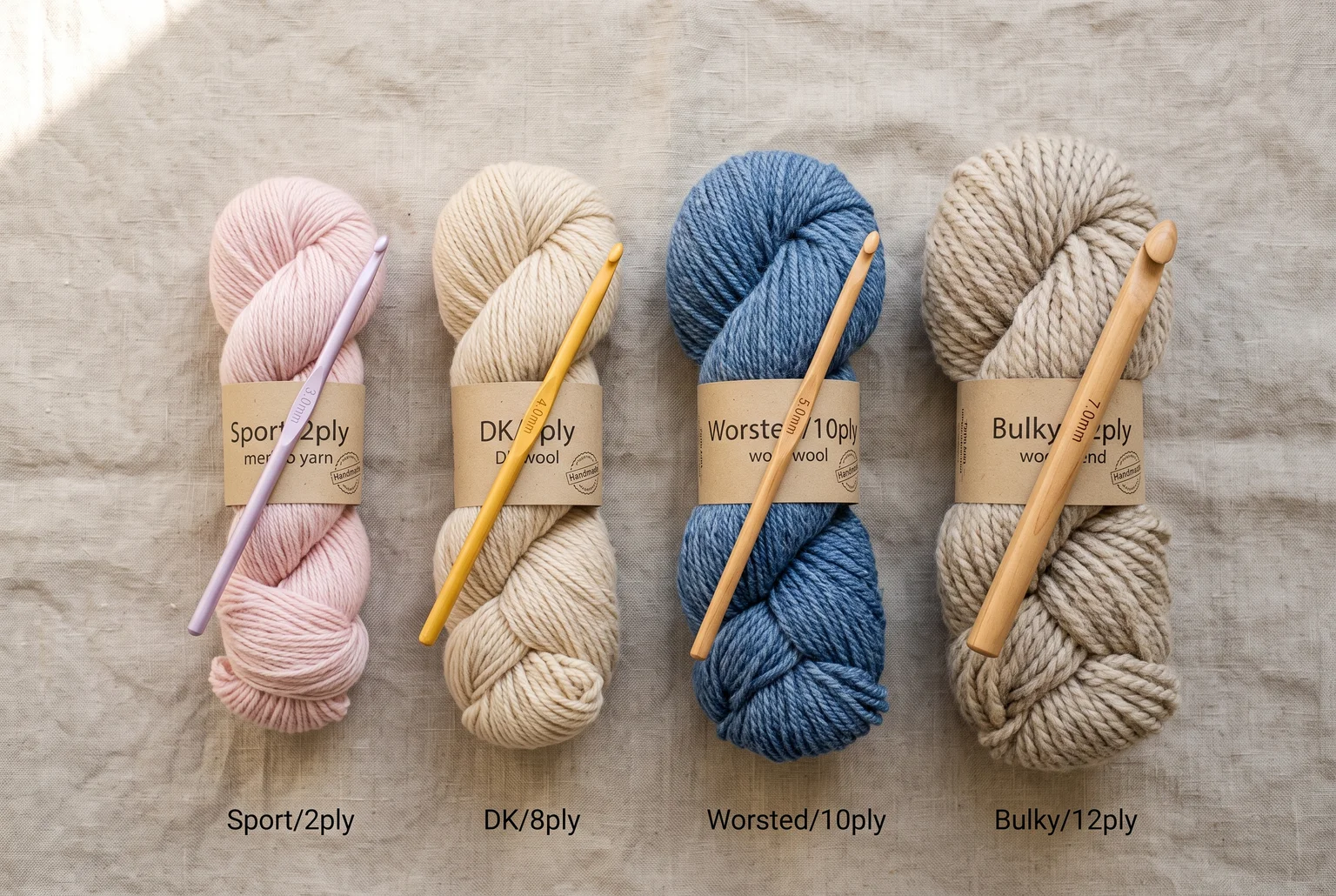 Lined up side by side, the jump in thickness from sport to bulky explains why hook size has to change with it.