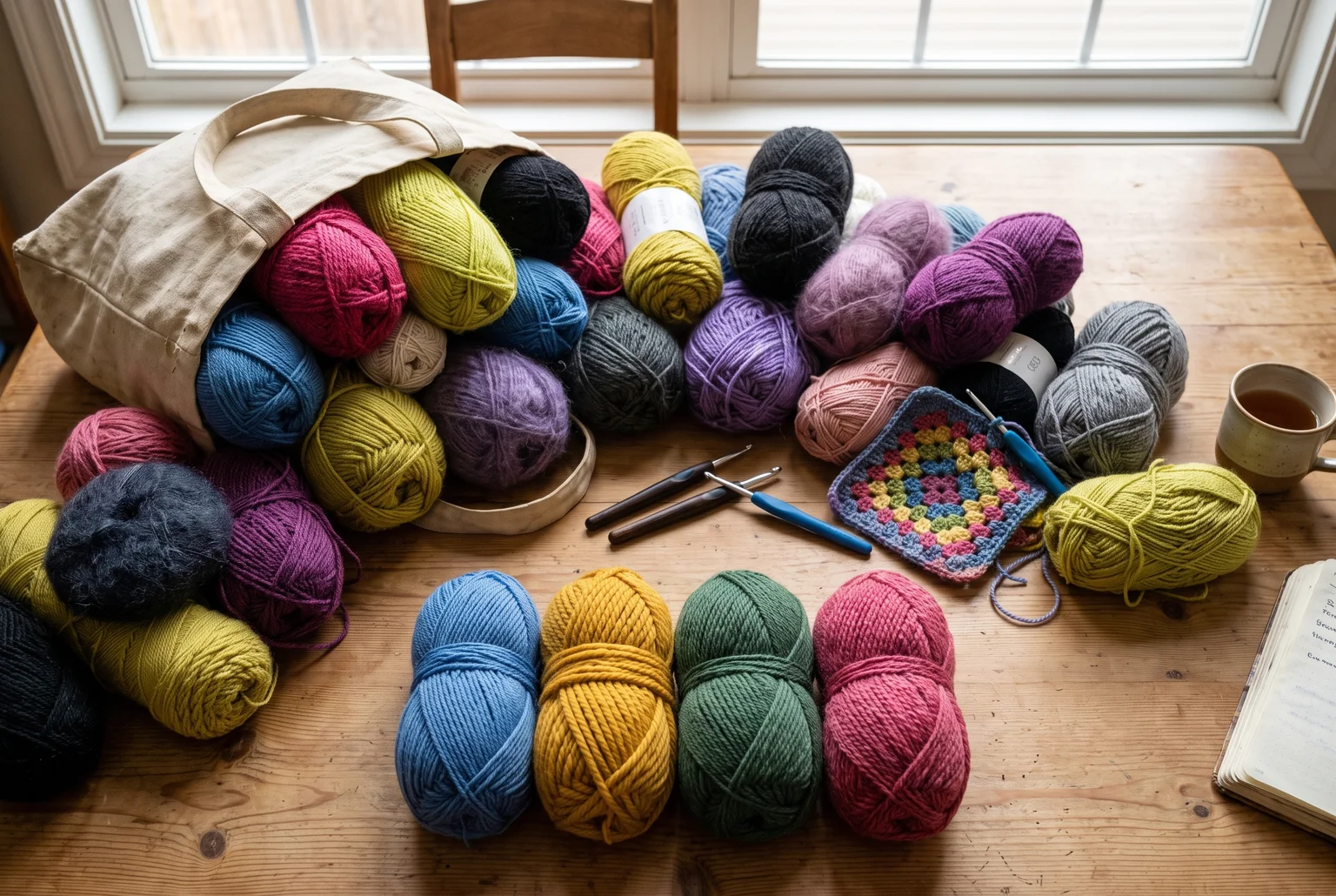Colorful yarn skeins for crochet projects