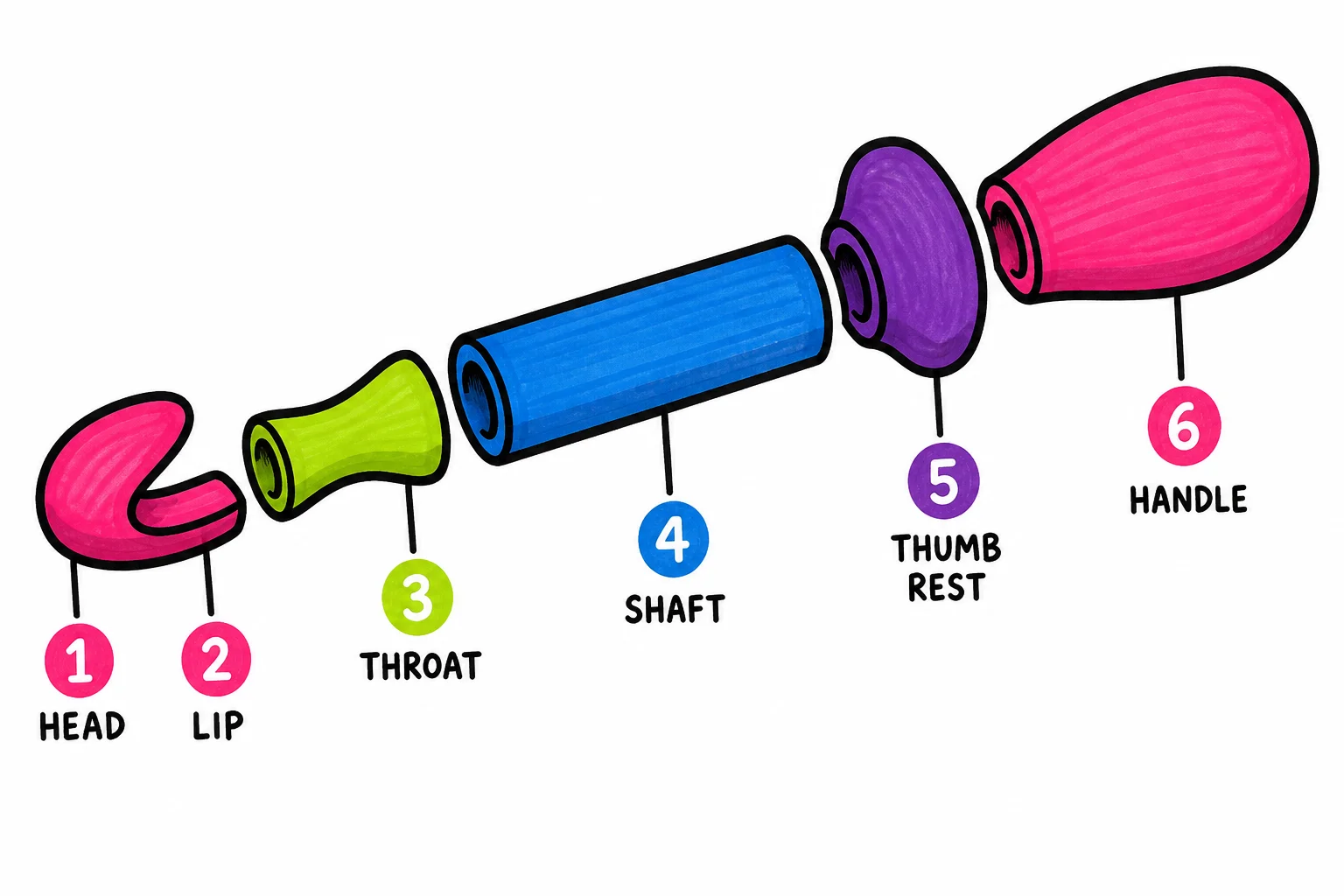 Every crochet hook breaks into the same six zones, and knowing their names makes every later comparison easier to follow.