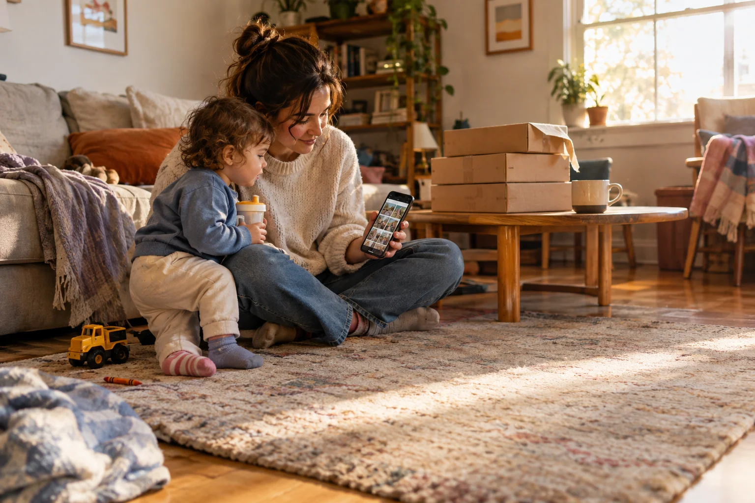 Parent and toddler sitting on a rug with a phone and cardboard boxes behind them.