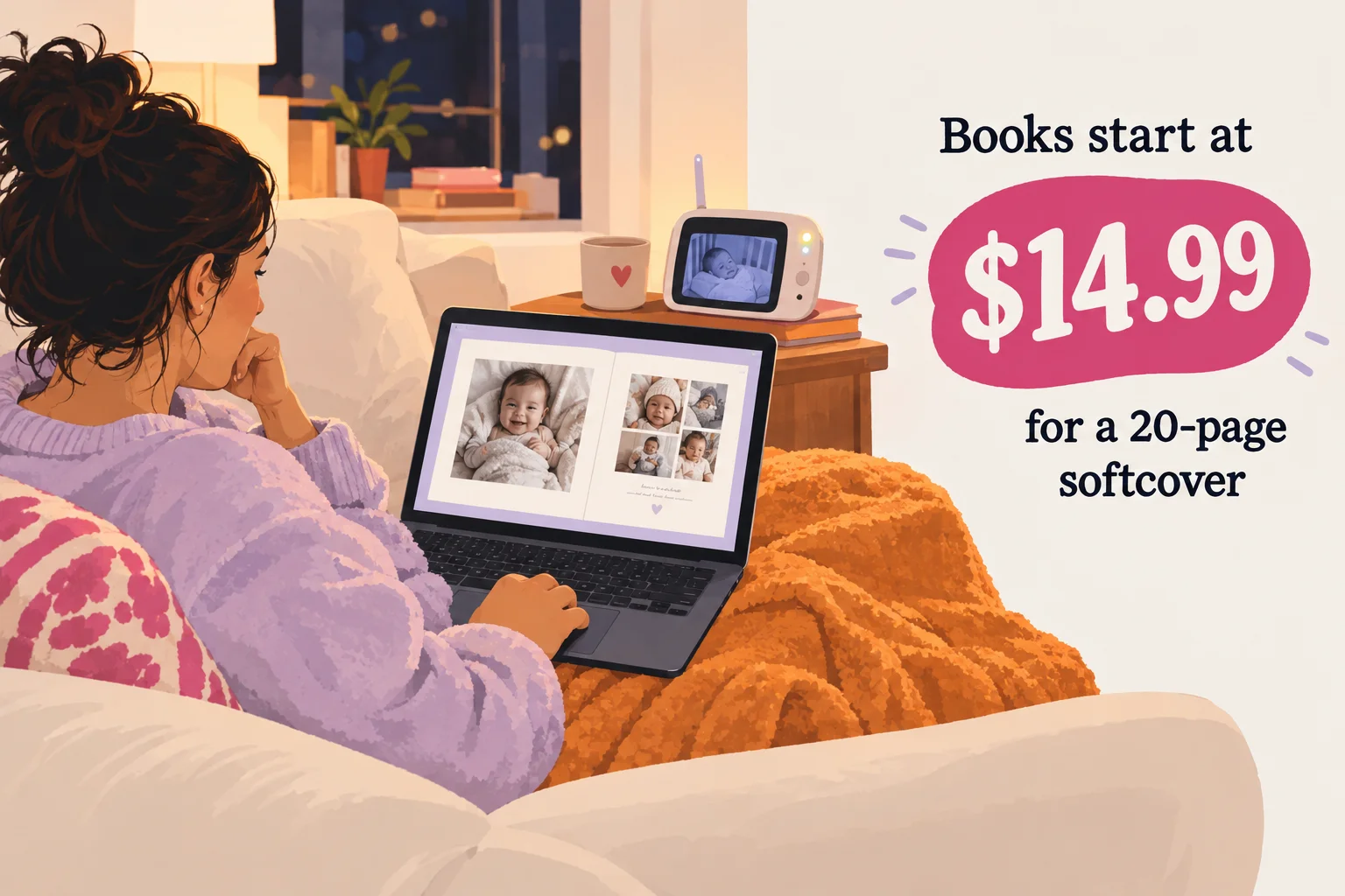 Parent using a laptop to design a photo book on a couch beside a baby monitor.