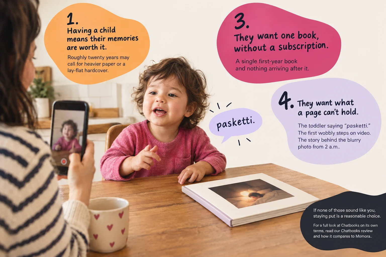 Toddler at a kitchen table beside a parent holding a phone, with a printed photo book and illustrated reasons to switch.