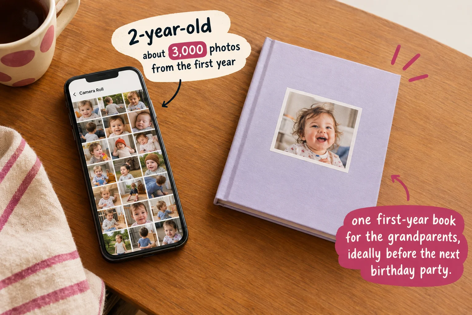 Phone displaying baby photos beside a purple photo book, with notes about choosing pictures for grandparents.