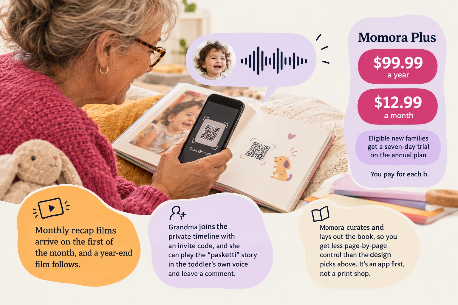 Grandmother scanning a QR code in a baby book, with an illustrated voice waveform and Momora Plus prices.
