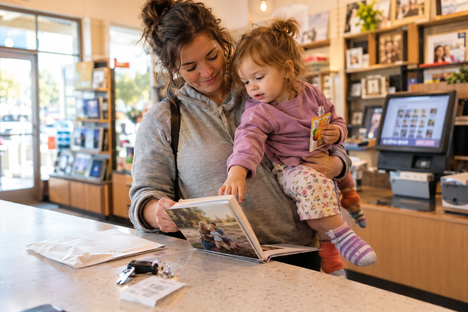 Parent holding a toddler while reviewing an open photo book at a photo counter.