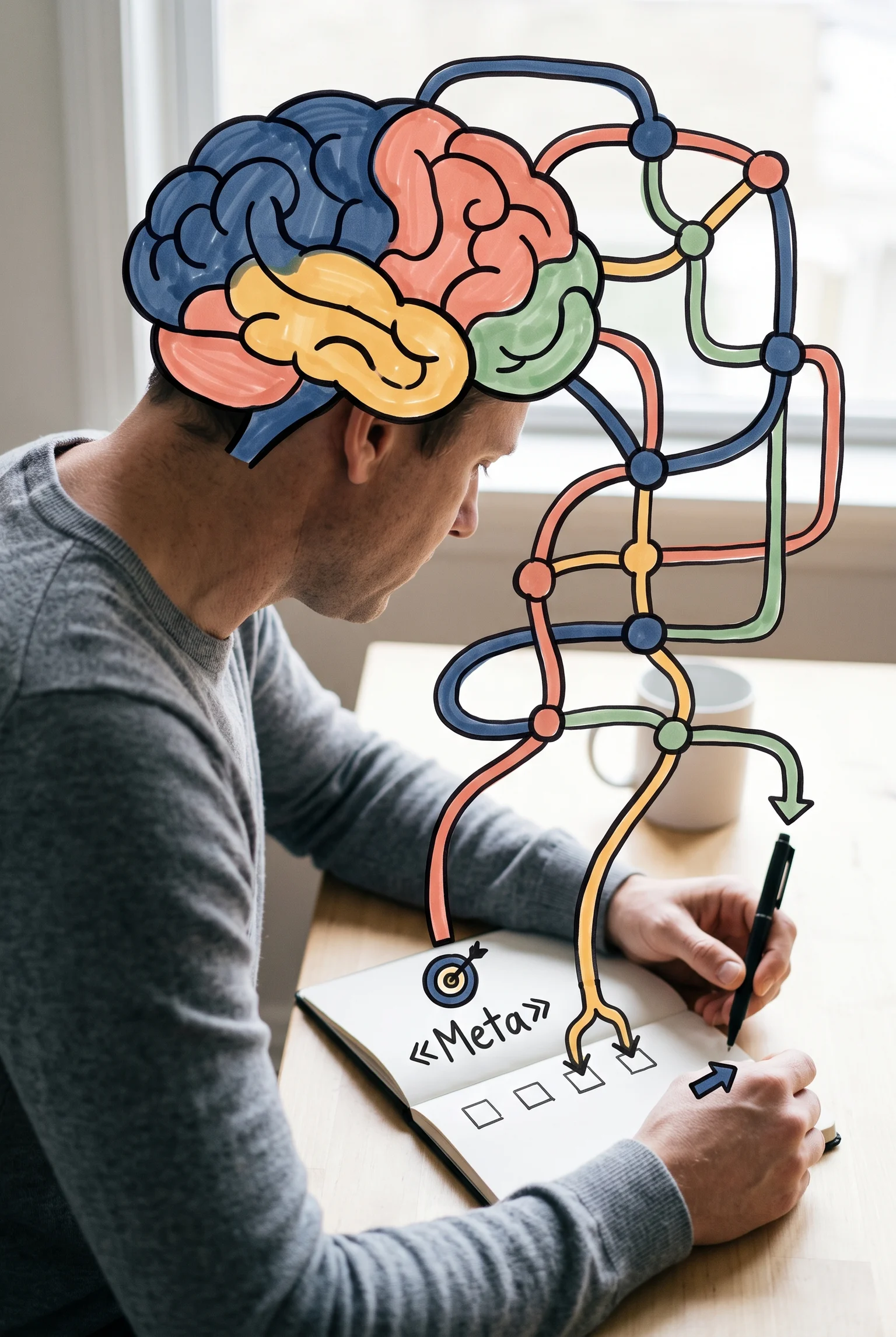 Persona tensa ante una libreta con «Meta» y tres casillas, con una red cerebral dibujada hacia el bolígrafo.