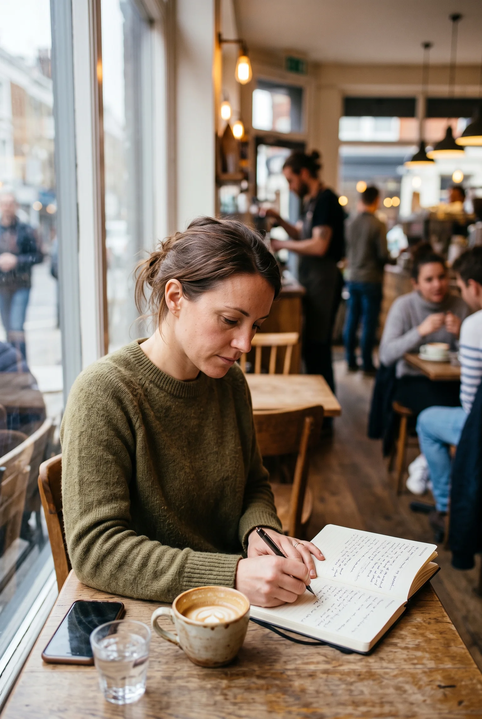 Persona escribe en una libreta en una cafetería concurrida, con el entorno desenfocado.