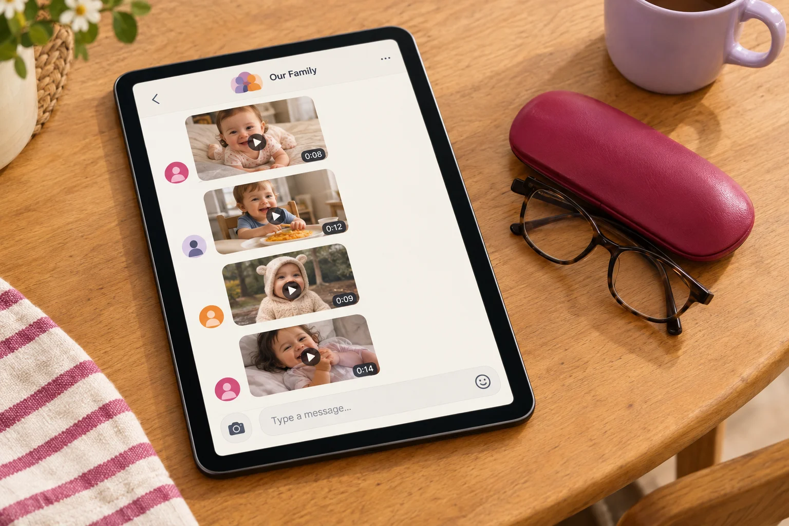 Tablet on a kitchen table showing child video thumbnails in a family group conversation.