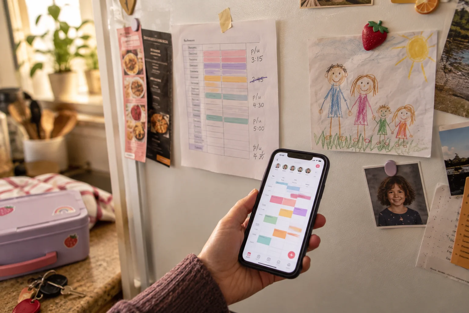 Hand holding a calendar app beside a fridge with a pickup schedule and a child's drawing.