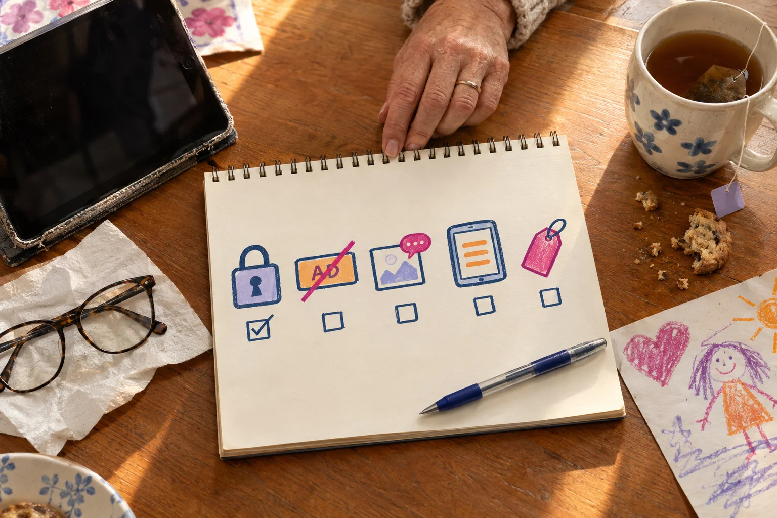 Notepad with illustrated privacy, advertising, photo, document and price icons.