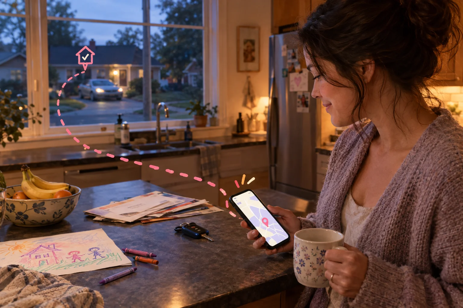 Woman checking a phone in a kitchen, with a drawn path connecting it to a car outside.