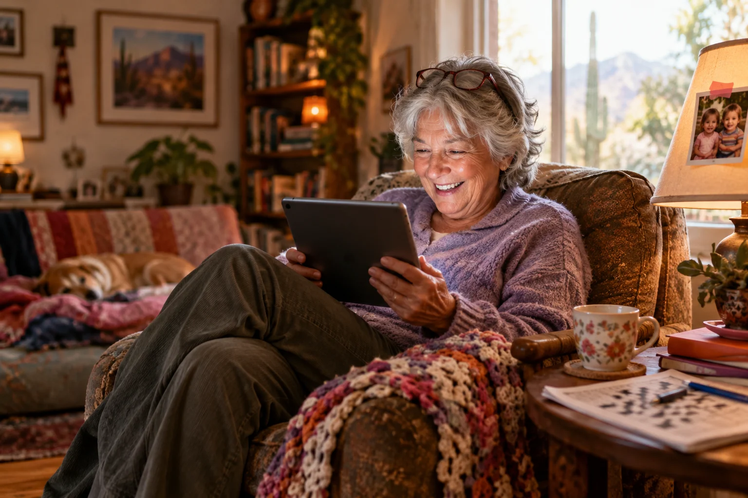 Older woman laughing at a tablet while sitting in an armchair beside a blanket and mug of tea.