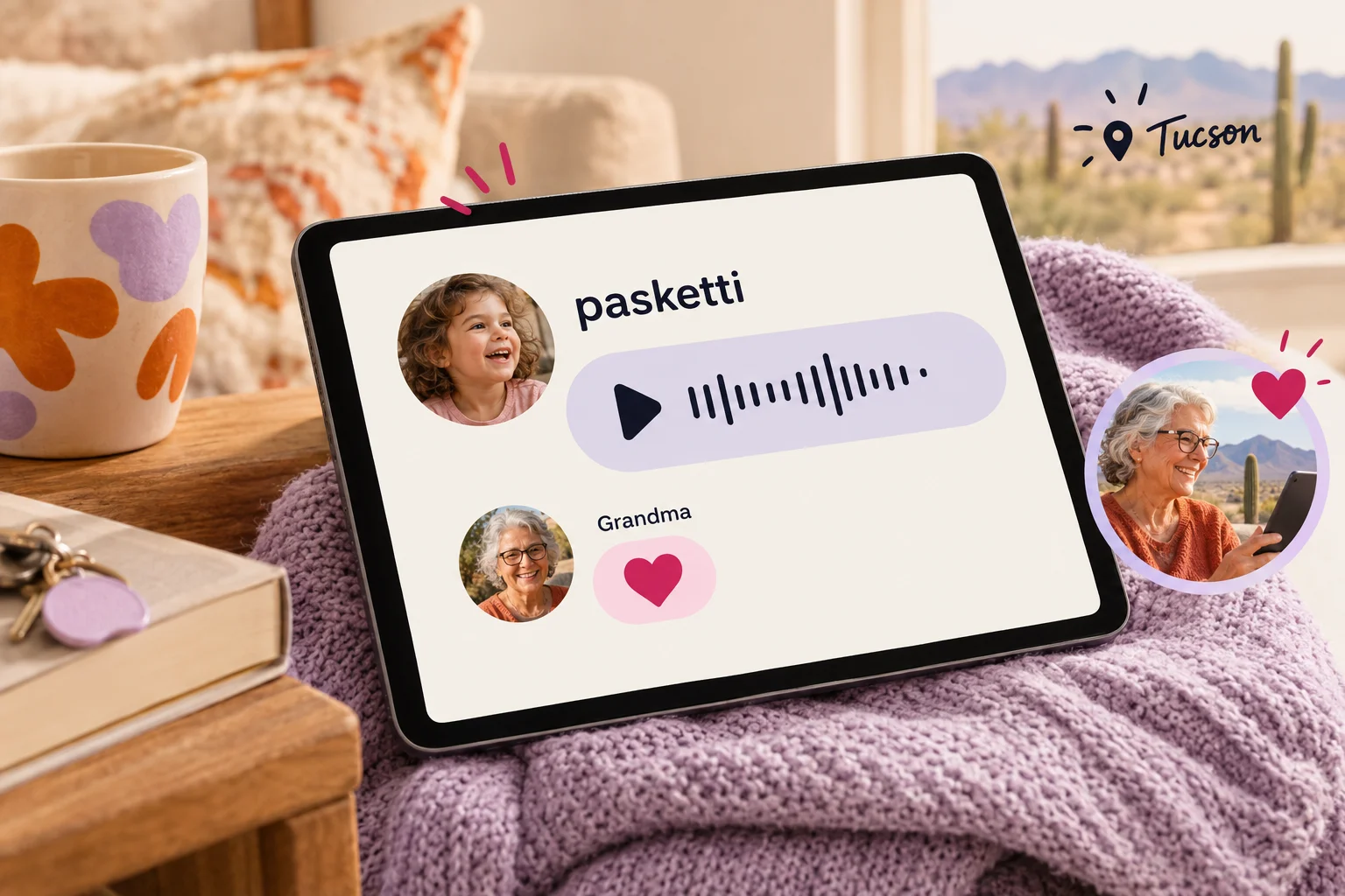 Tablet on a blanket displaying a voice memory titled pasketti with a reaction from Grandma.