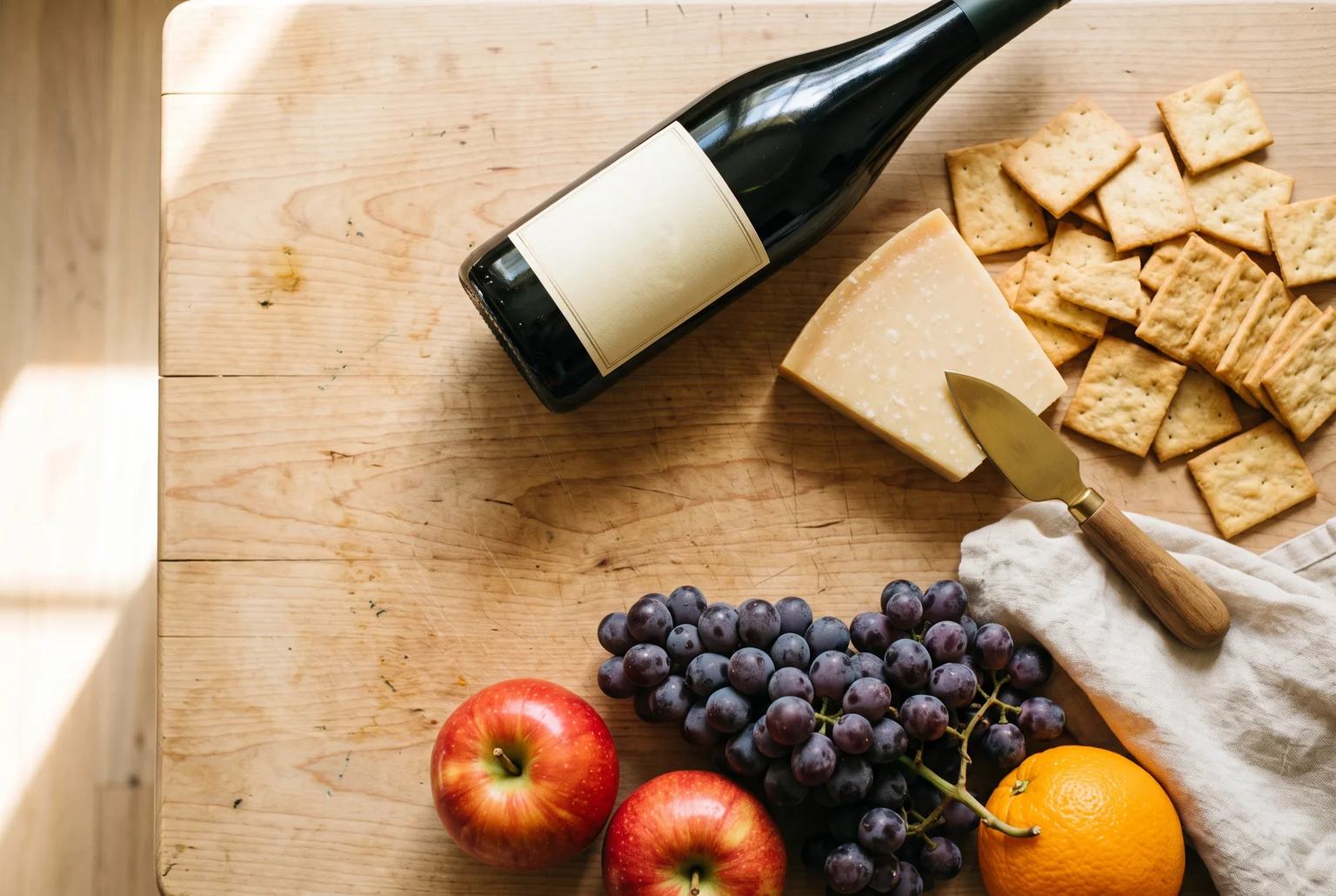 Wine, cheese, crackers, and fruit arranged with intention are what separate a premium hamper from a basic one.