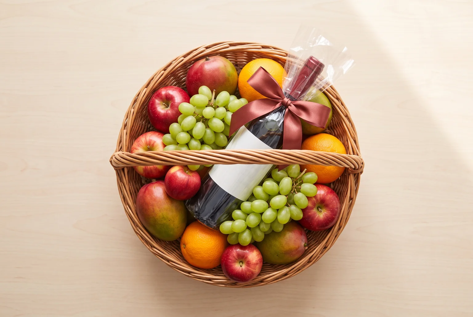Pair fresh fruit with a bottle of wine in a wicker basket and a simple gift becomes a centerpiece.