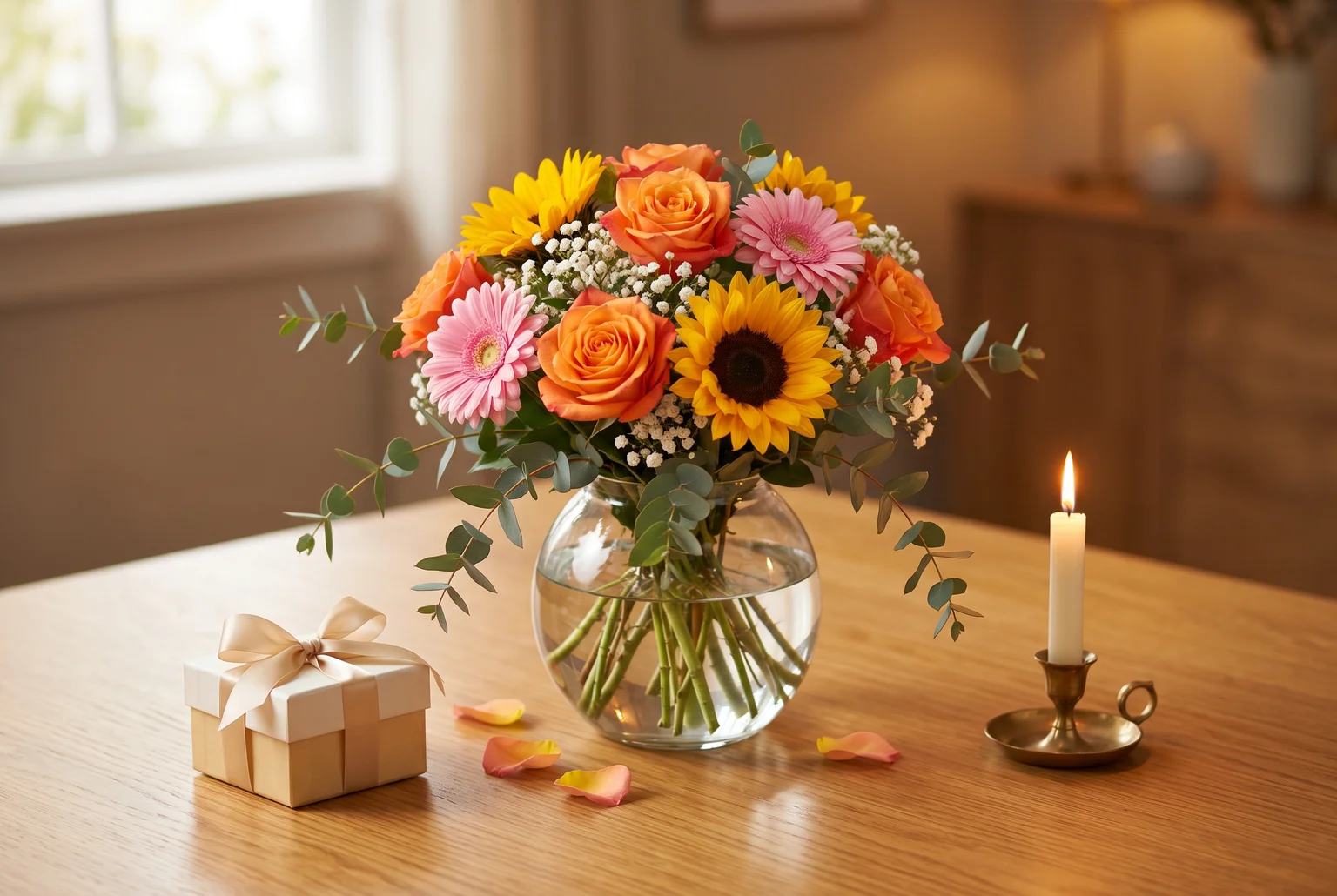 A bright arrangement, a flickering candle, and a small gift box show exactly why the right flowers can turn an ordinary birthday table into a memory.