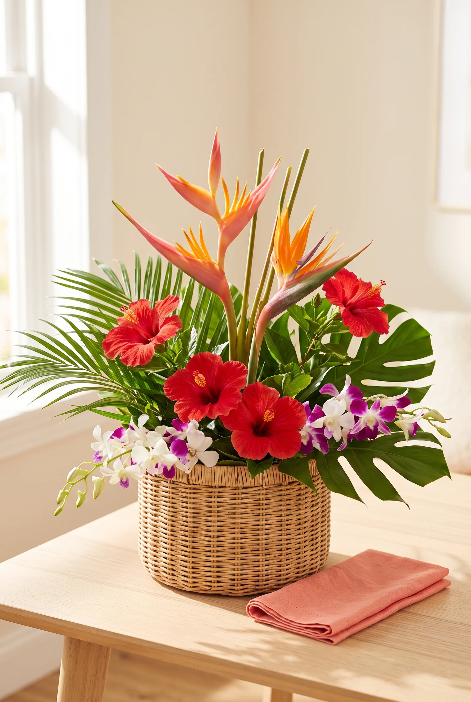 A basket bursting with orchids, birds of paradise, and hibiscus feels less like a love note and more like an invitation to the beach.