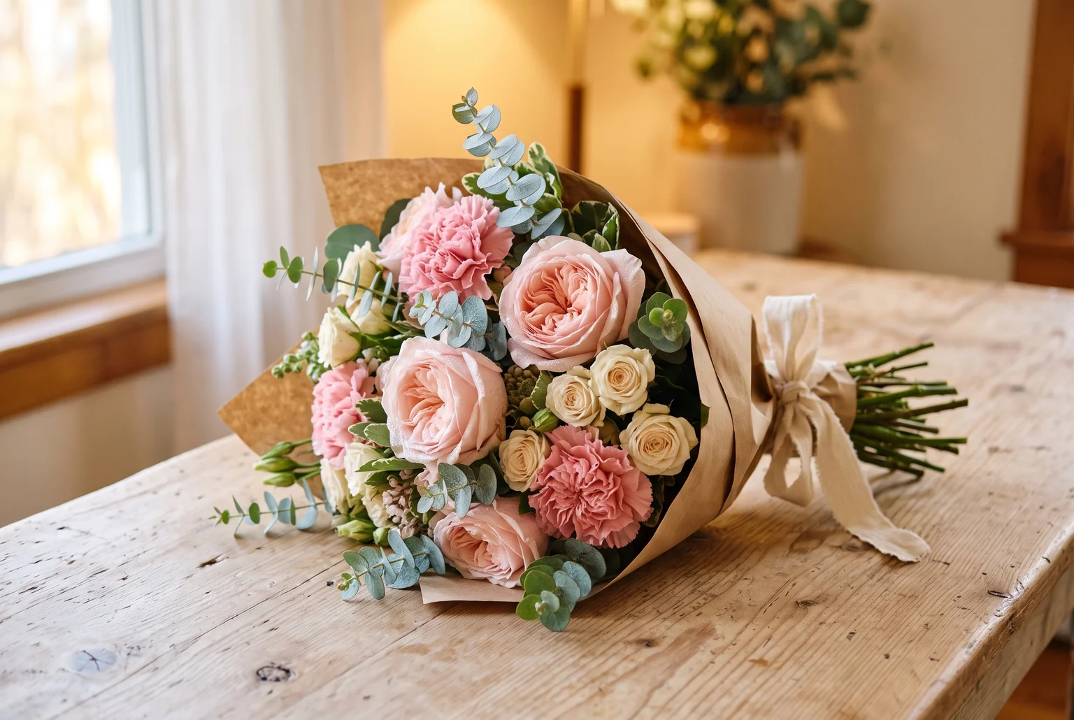 Pink carnations tucked among roses turn a simple bouquet into a quiet tribute to a mother's love.