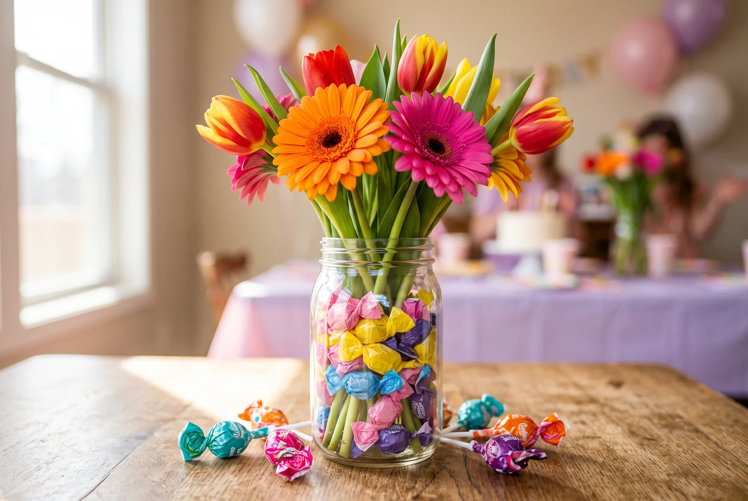 A candy wrapper lined jar turns ordinary blooms into a treat jar bouquet kids will love.