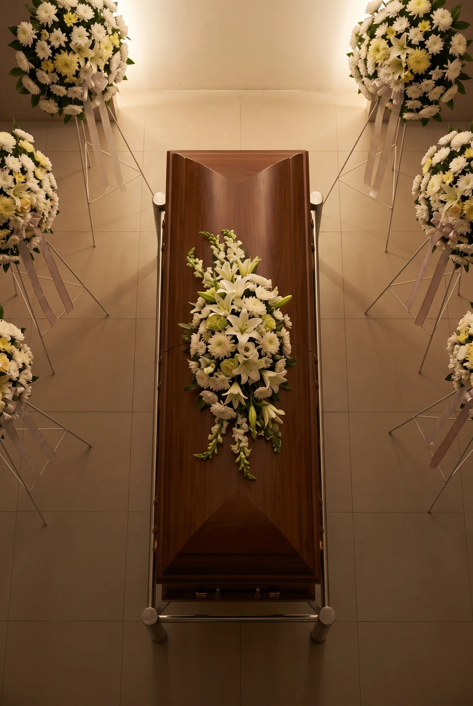 A single spray covers the casket itself, while taller standing sprays keep their distance, a quiet arrangement of closeness and respect.
