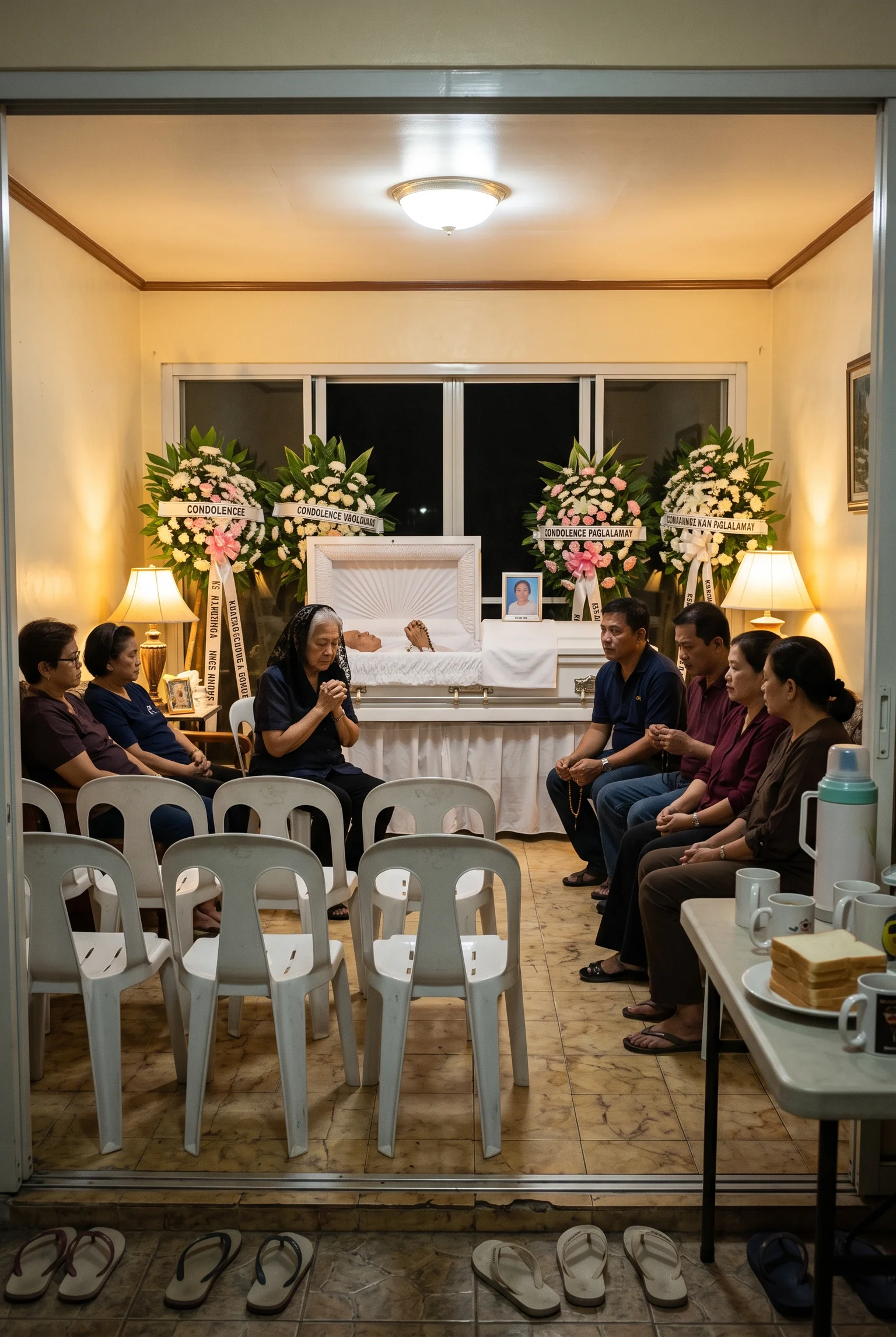 In many Filipino homes, the living room becomes a space for days of shared vigil, quiet prayer, and company for the grieving family.