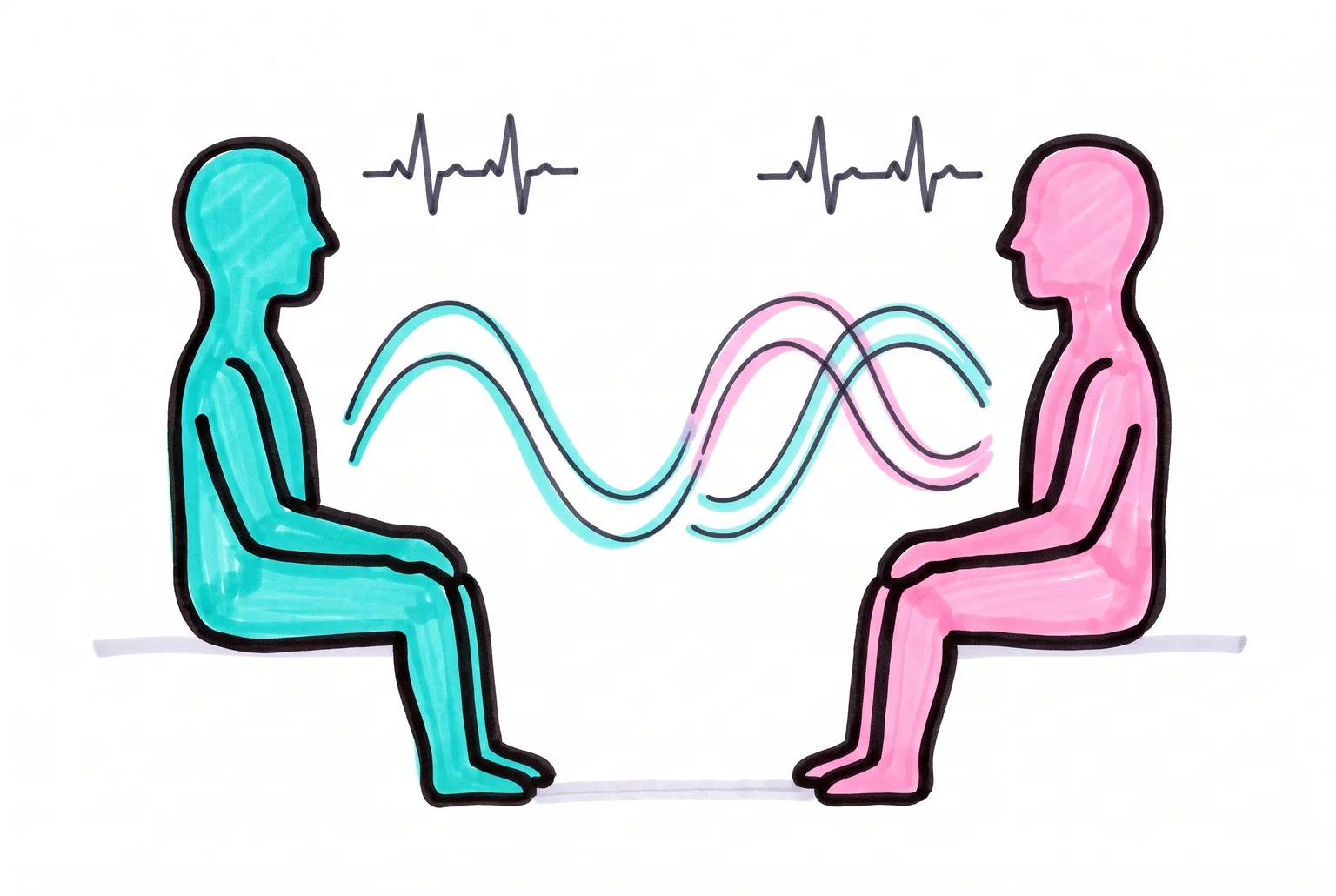 Dos siluetas sentadas frente a frente, con ondas respiratorias y líneas de pulso alineadas.