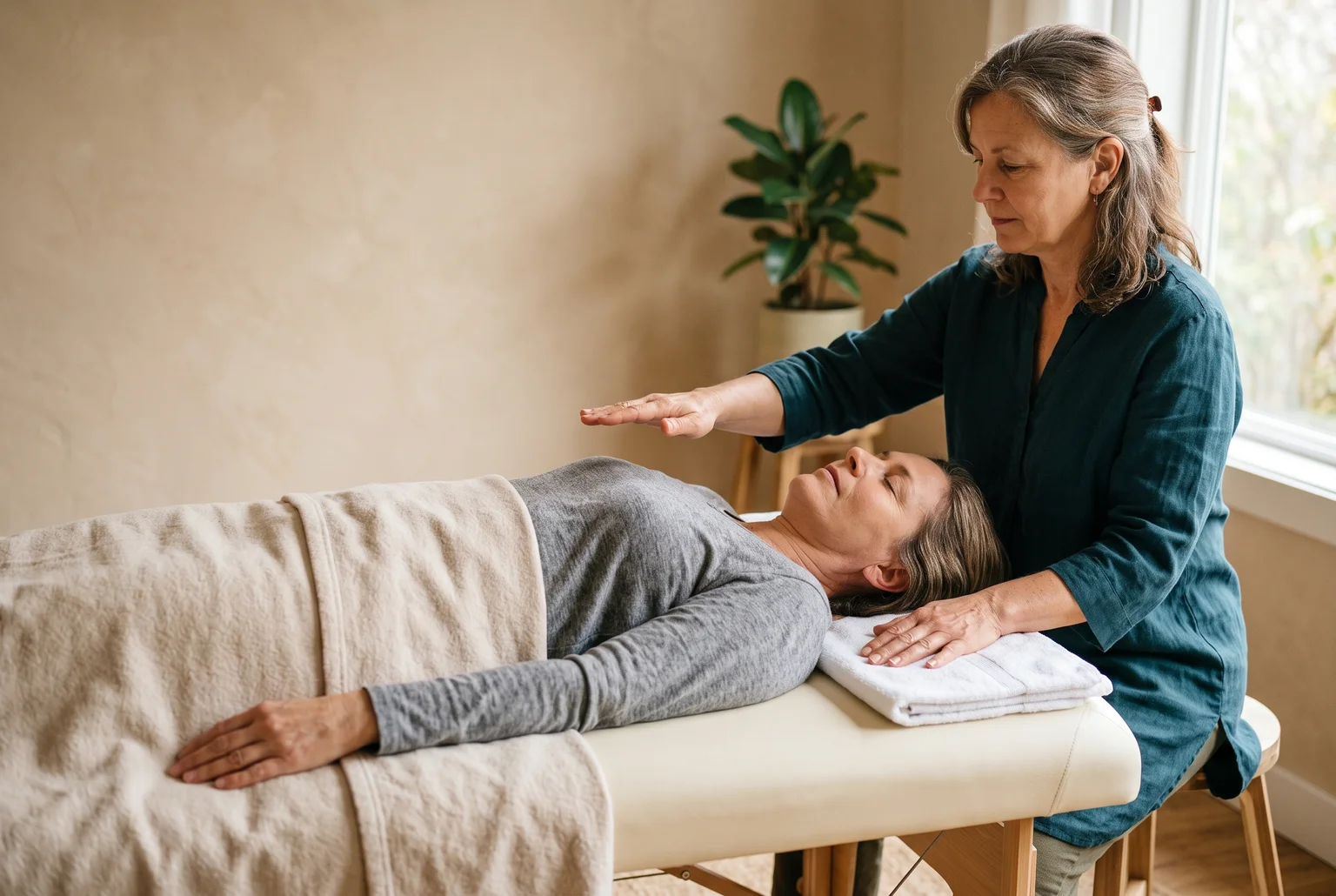Persona recostada con ojos cerrados mientras una terapeuta coloca las manos suavemente cerca de sus hombros.
