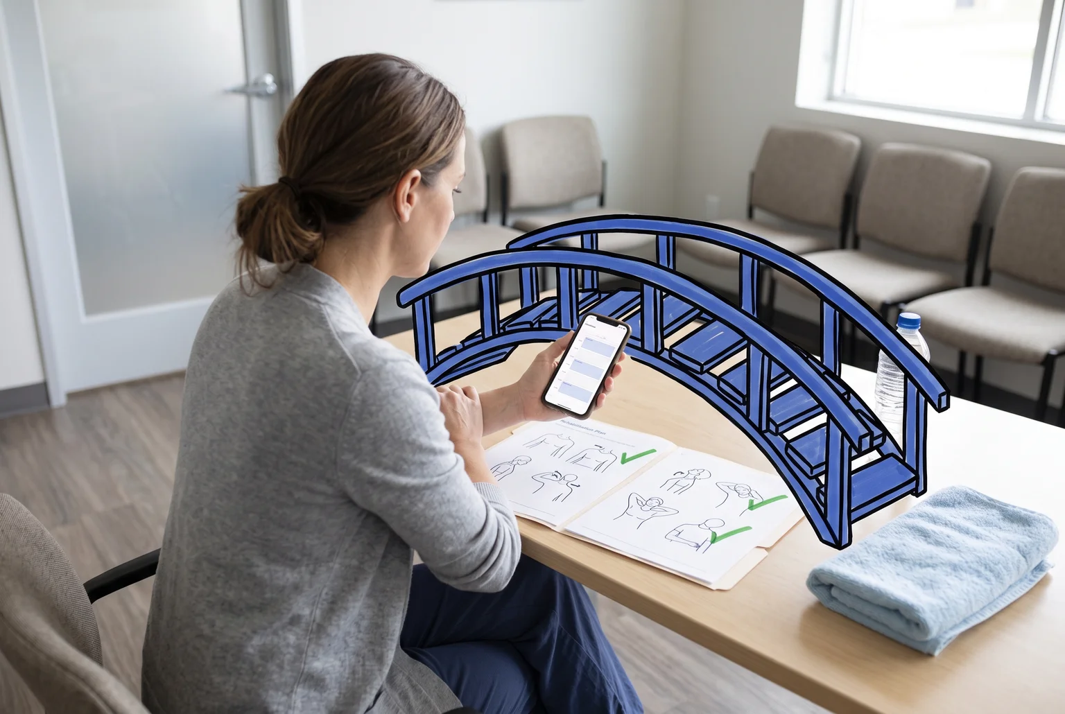 Mujer revisa un plan de rehabilitación y un calendario en su teléfono, unidos por un puente azul dibujado.