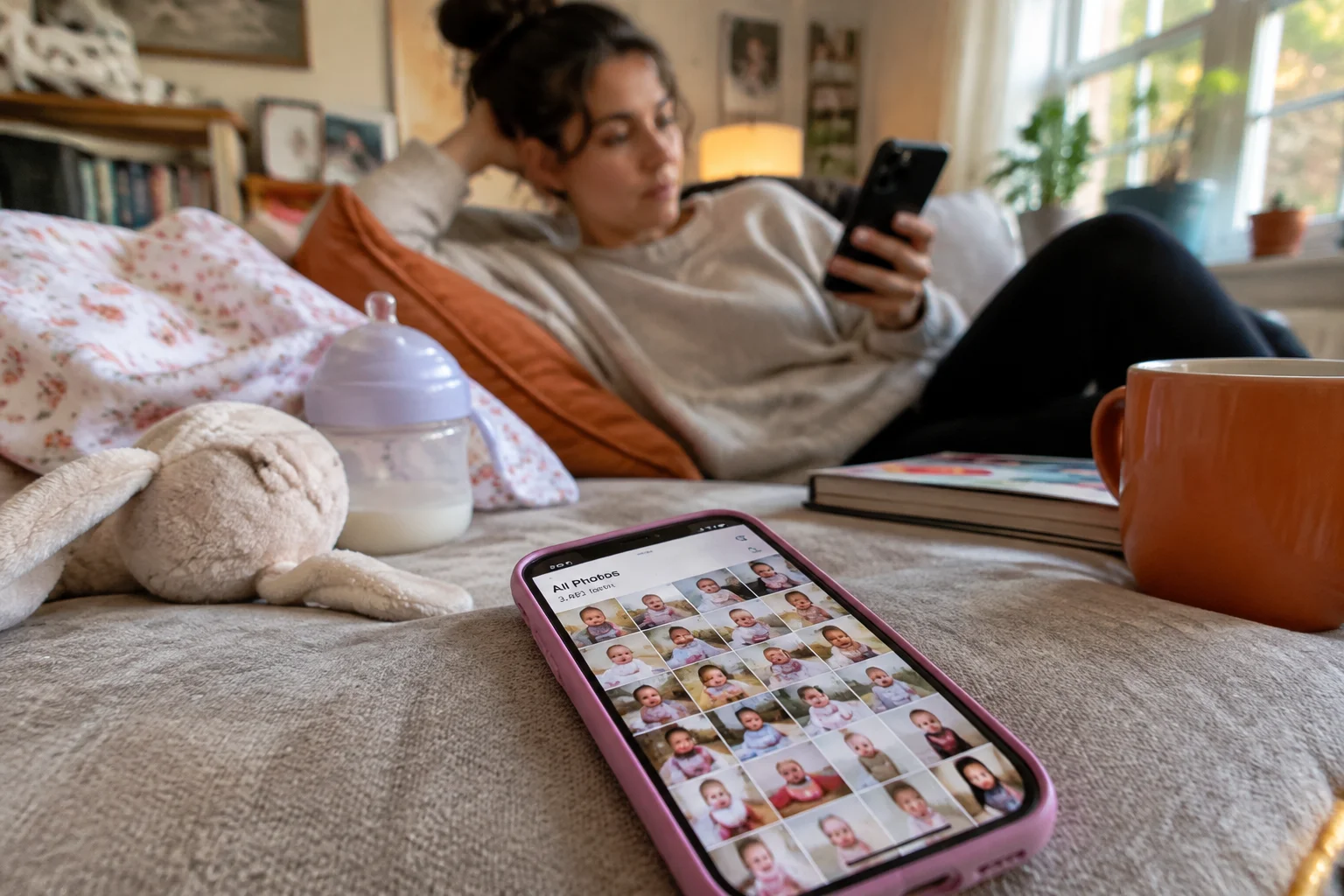 A parent rests on a sofa with one phone while another phone displays a grid of baby photos.