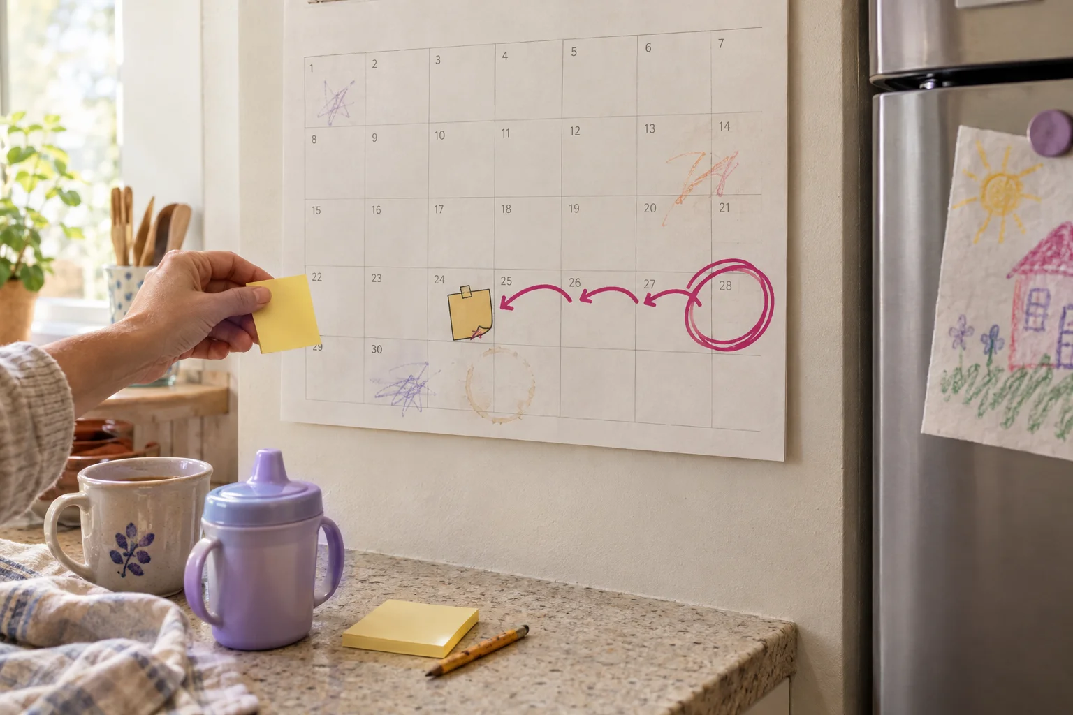 A kitchen wall calendar has a circled date, drawn arrows, and a sticky-note reminder.