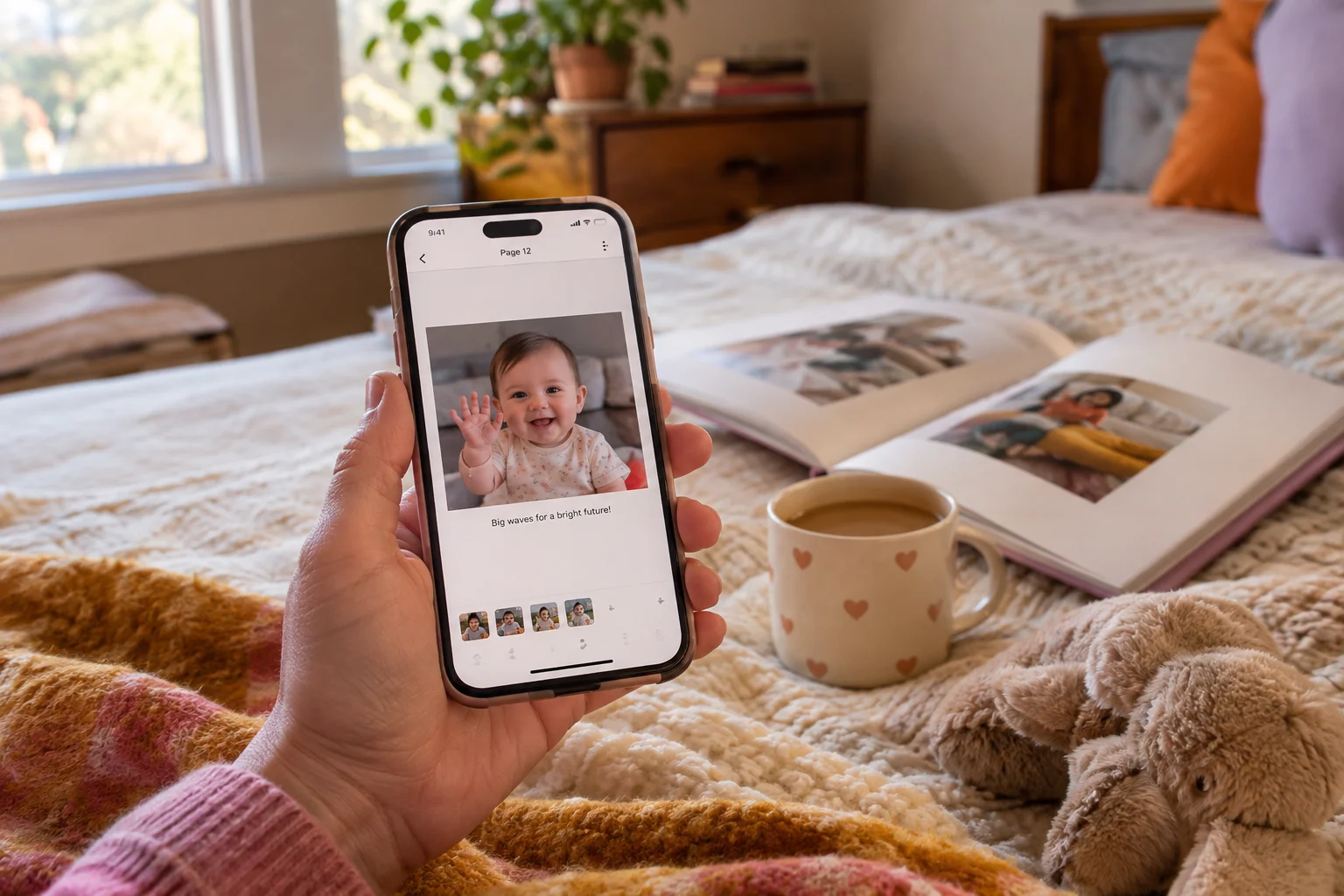 A hand holds a phone showing a baby photo beside an open printed photo book.