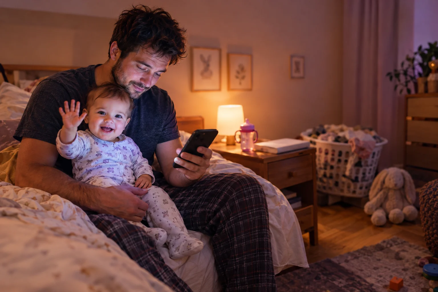 A dad holding his phone sits on a bed with a waving baby on his lap.