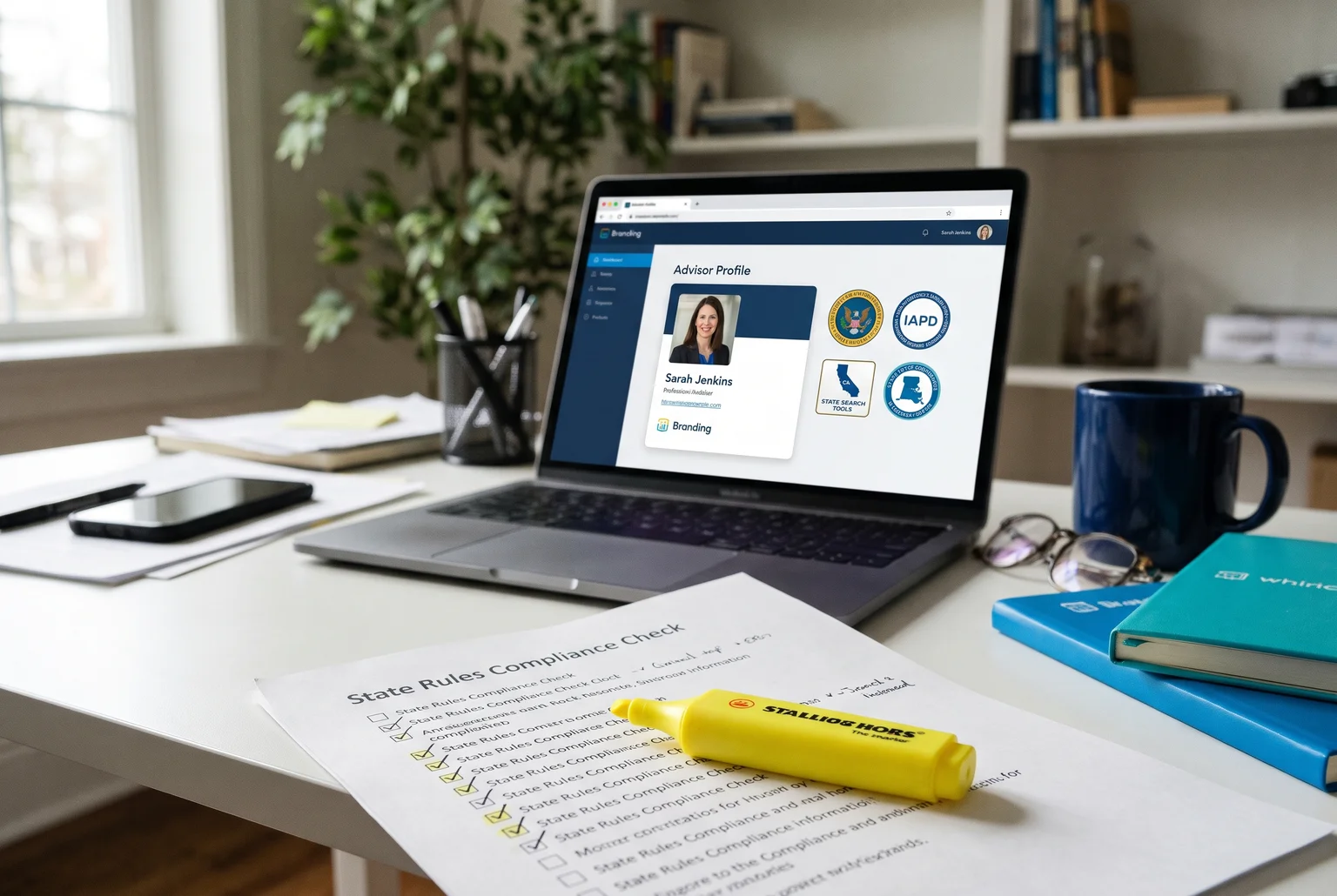 advisor profile card on a laptop beside small icons linking to regulator lookup pages