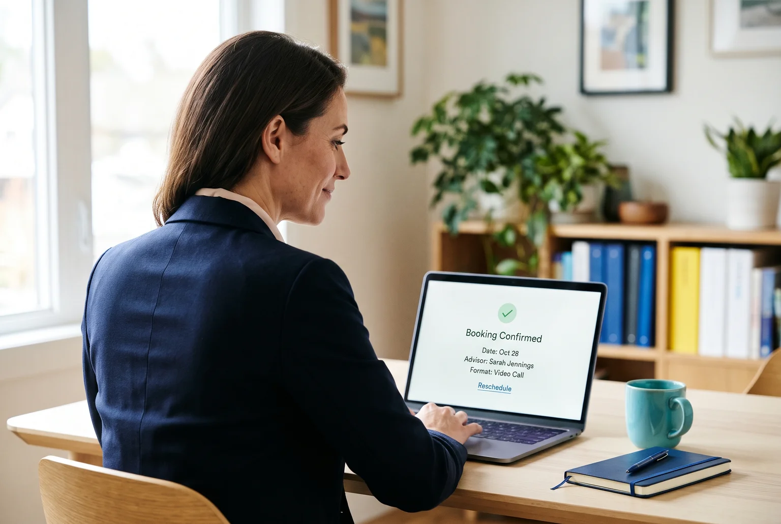 A confirmation that spells out time, advisor, format, and rescheduling lets prospects arrive knowing what to expect. Woman at a desk viewing a laptop booking confirmation with date, advisor, video call format and a reschedule link