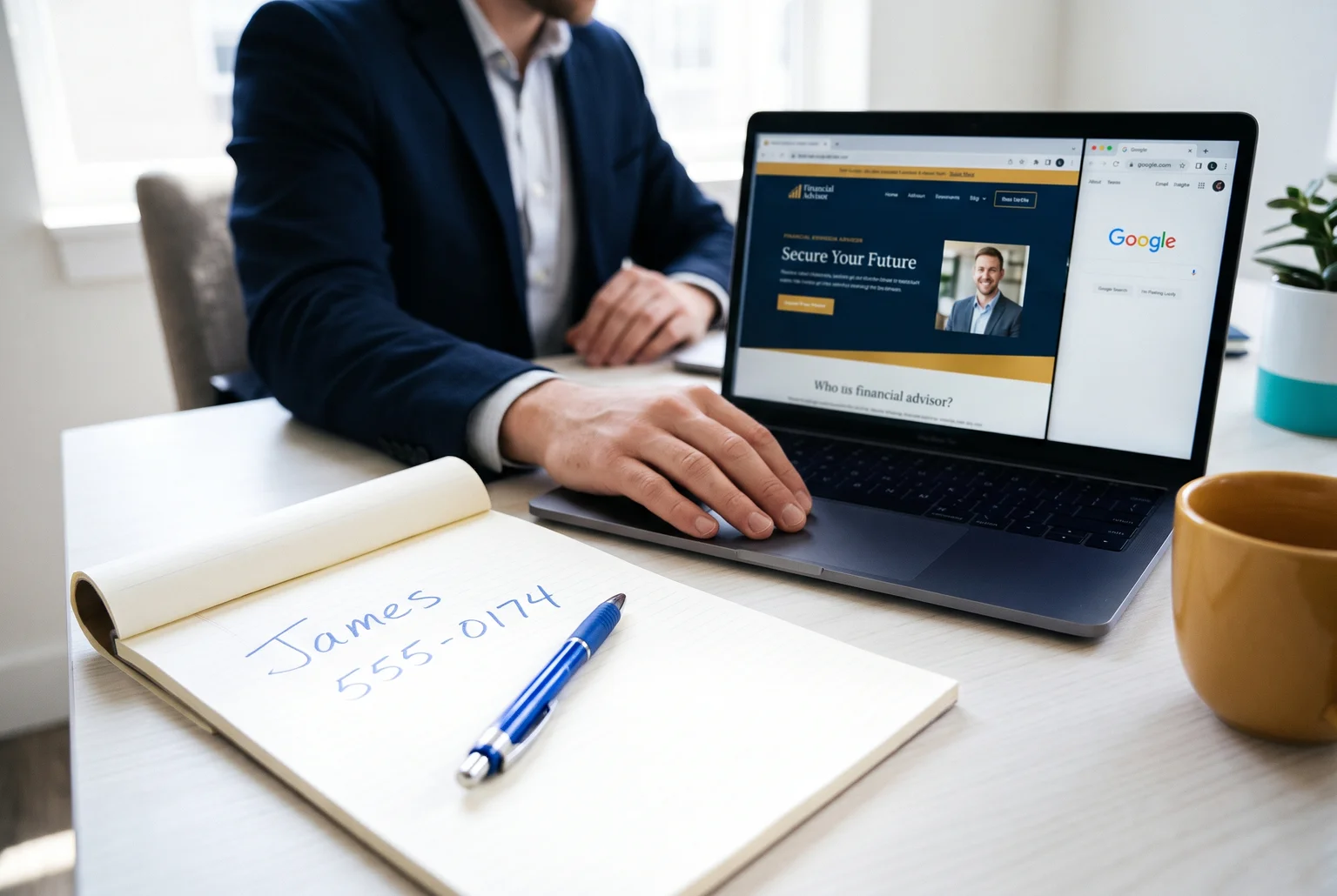 A referral often starts the consideration, and quiet online research decides whether it continues. Notepad with a handwritten name beside a laptop showing an advisor website and a second search tab open