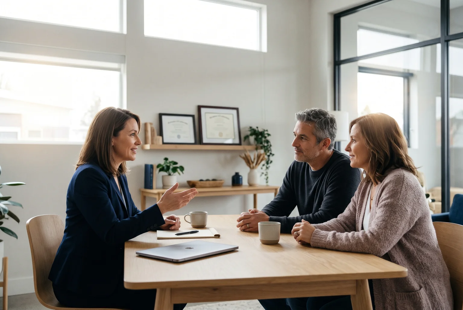 Financial advisor talking calmly with a couple across a light wooden table in a sunlit office