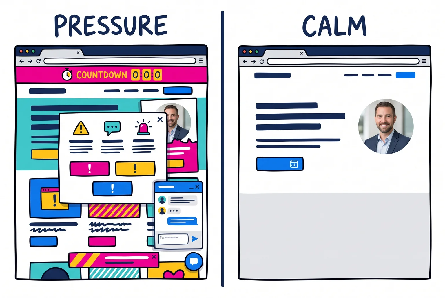 The same advisor home page can pressure visitors or invite them, and the difference shows up in the first few seconds. Two laptops side by side, one showing a cluttered site with a banner and pop-up, the other a clean page with one button
