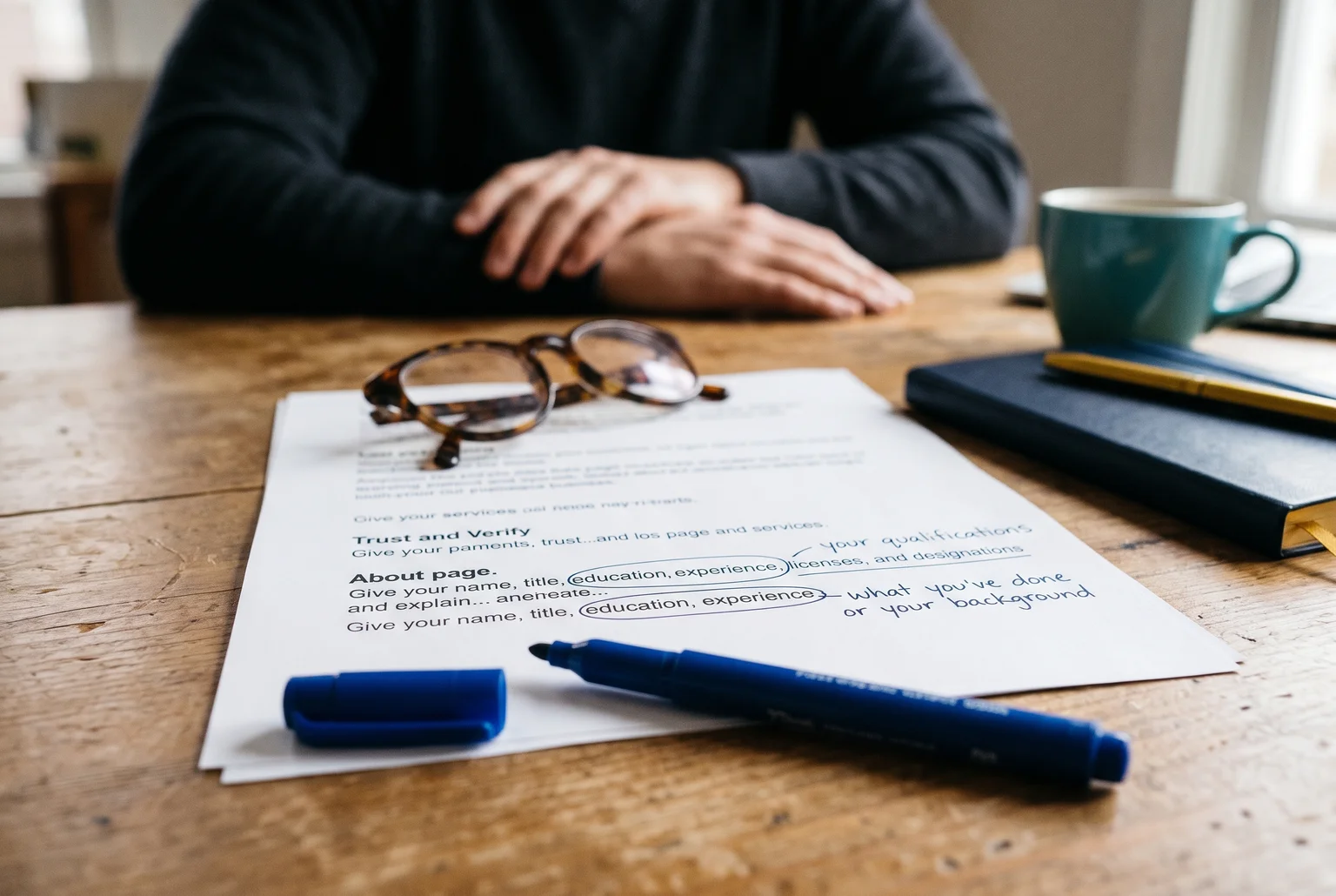a printed services page with two phrases circled in pen and rewritten in plain words in the margin