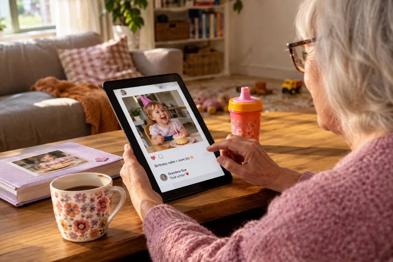 A grandmother views a child’s birthday photo on a tablet at a table.