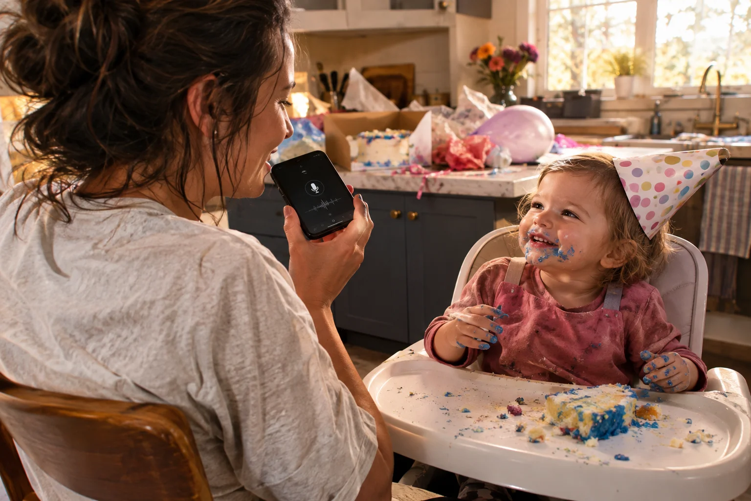 A parent speaks toward a phone beside a smiling toddler with frosting on their face.