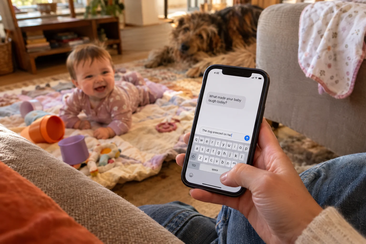 A hand holds a phone with a text-message reply open while a smiling baby and dog sit in the background.