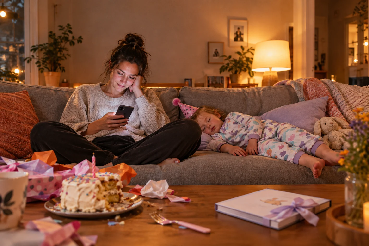 A parent checks a phone beside a sleeping child, with birthday cake, wrapping paper, and a baby book nearby.