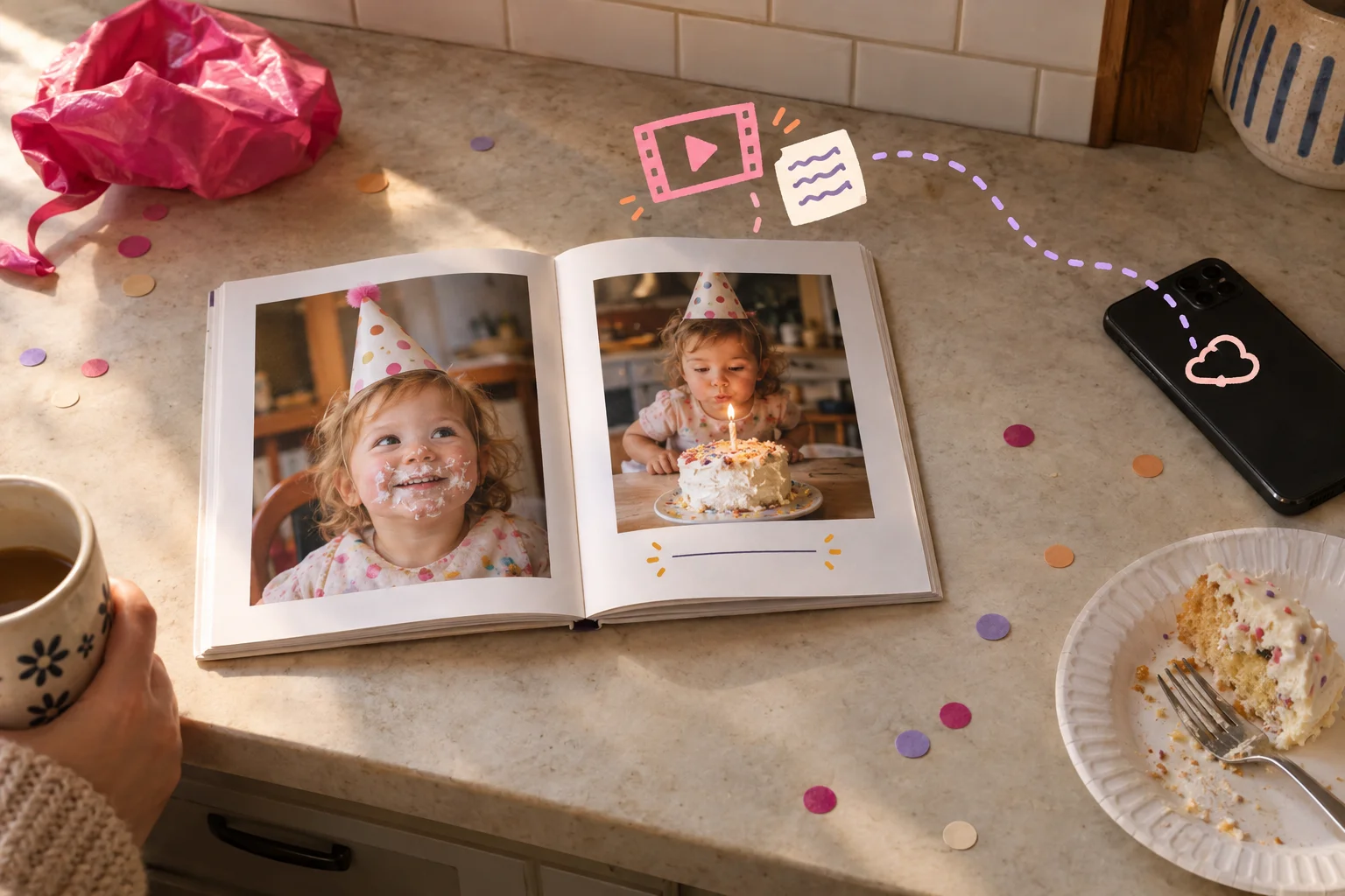 An open birthday photo book sits beside cake and a phone, with drawn video and note symbols above it.