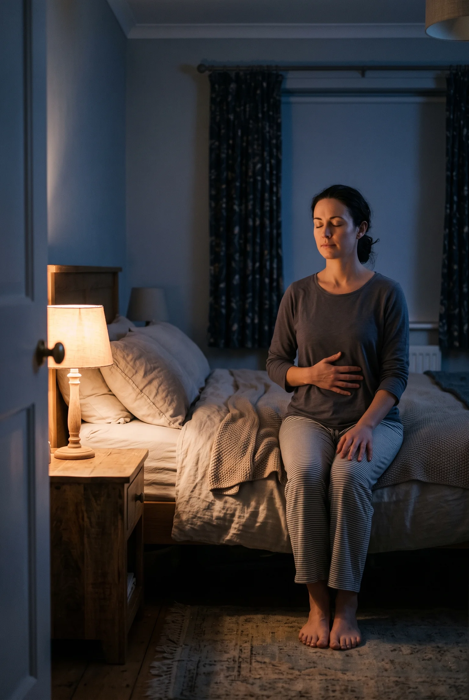 Persona sentada en la cama con ojos cerrados y una mano sobre el abdomen, iluminada por una lámpara tenue.