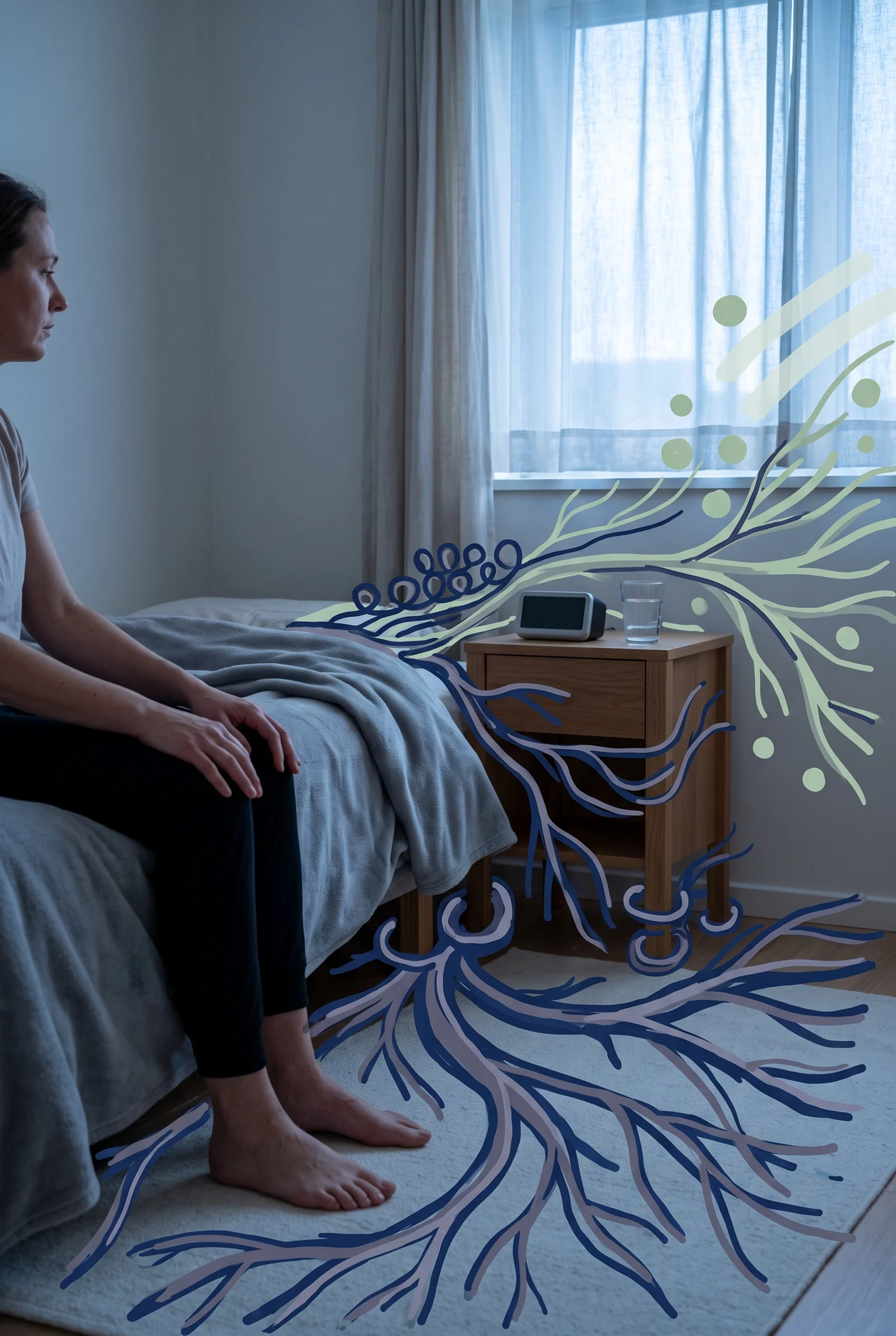 Persona sentada junto a una cama al amanecer, con raíces dibujadas alrededor de la cama y un reloj apagado.