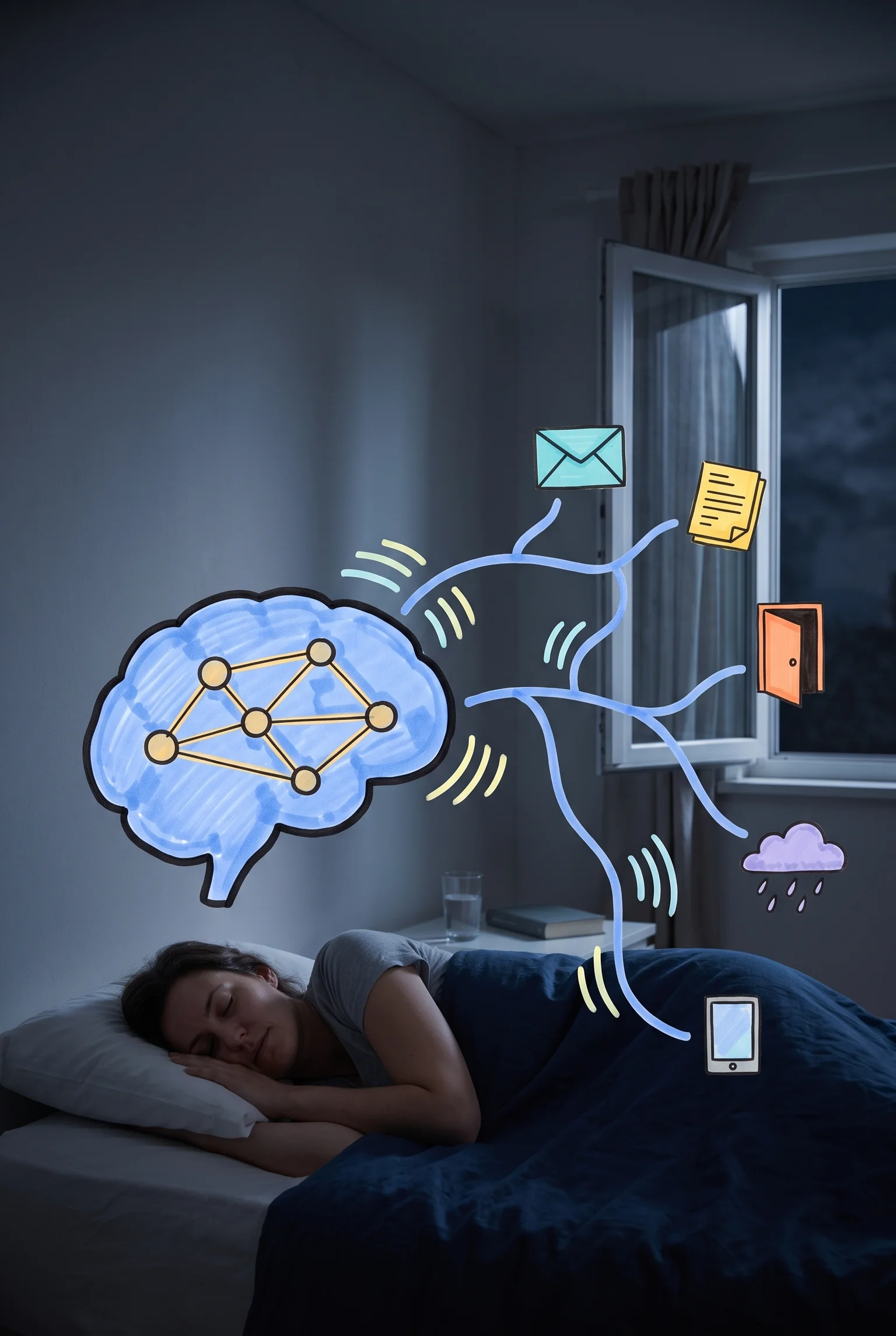Persona dormida en una cama, con un cerebro dibujado y una red de nodos sobre la pared nocturna.