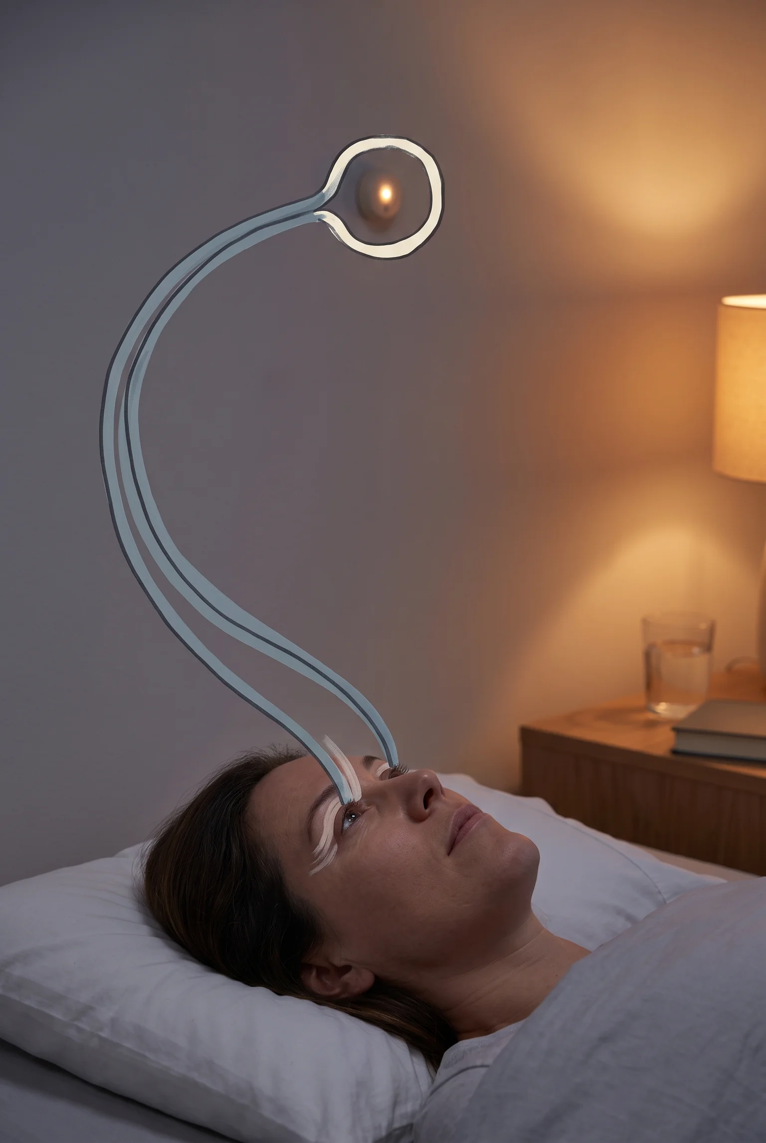 Persona acostada mira una luz tenue en el techo, un hilo dibujado une sus ojos con el punto.